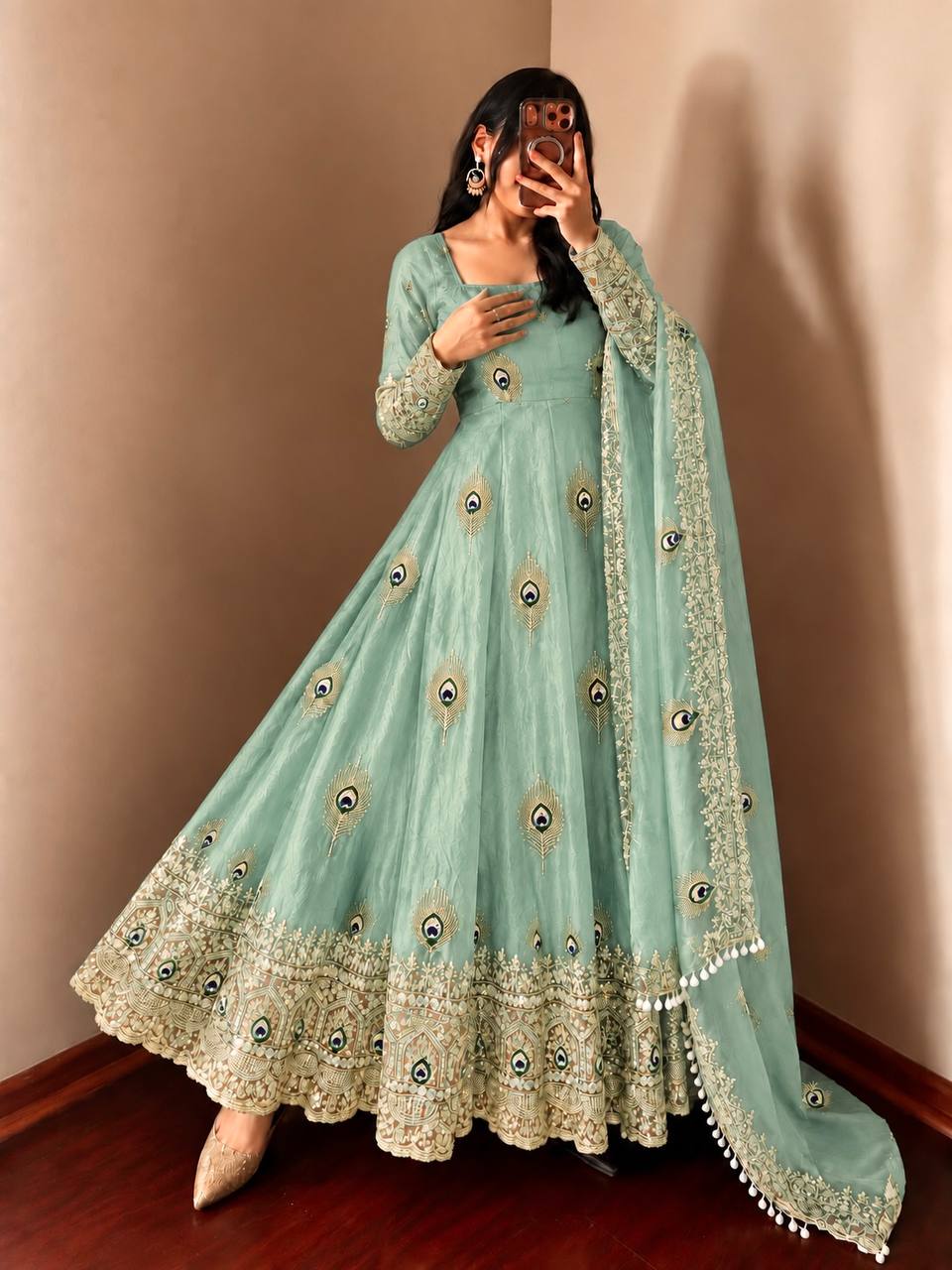 Sea Green Fendy Silk Peacock Embroidered Designer Gown Set with Dupatta