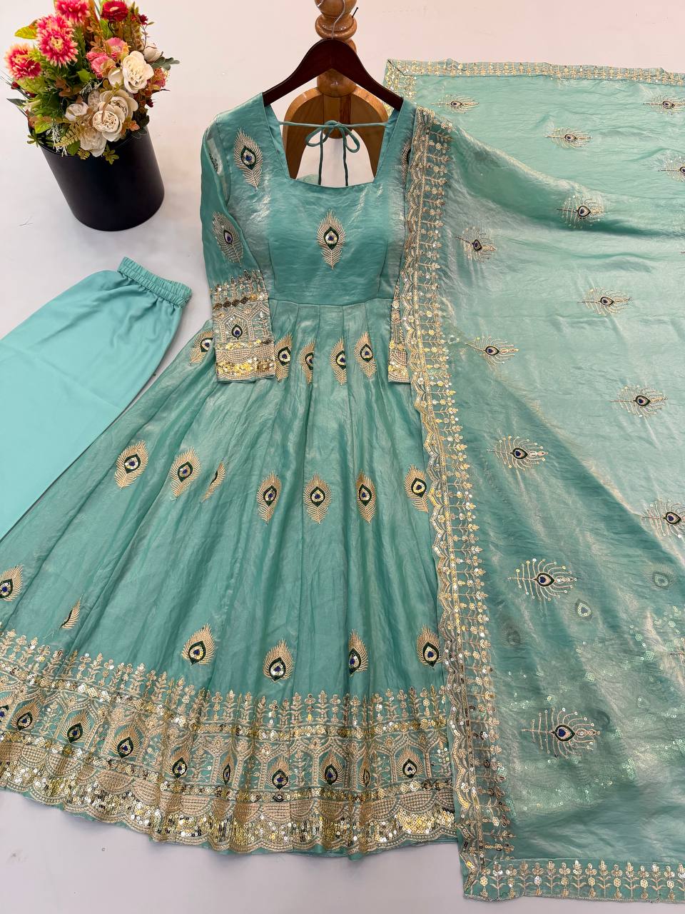 Sea Green Fendy Silk Peacock Embroidered Designer Gown Set with Dupatta