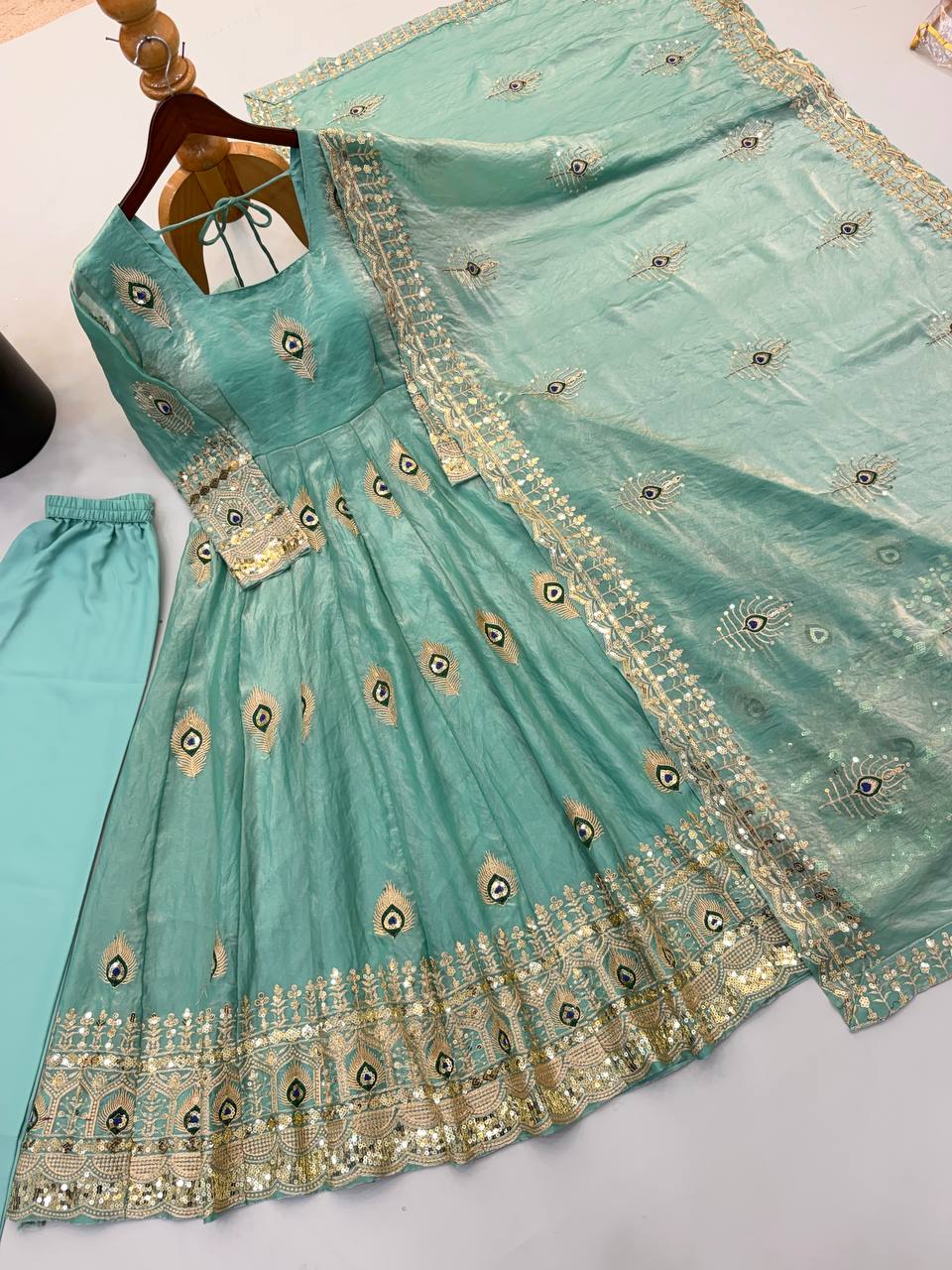 Sea Green Fendy Silk Peacock Embroidered Designer Gown Set with Dupatta
