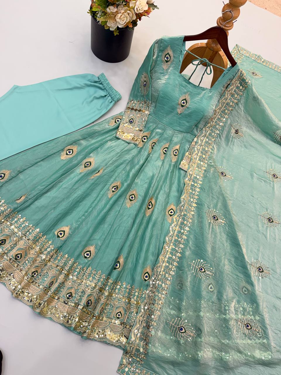 Sea Green Fendy Silk Peacock Embroidered Designer Gown Set with Dupatta