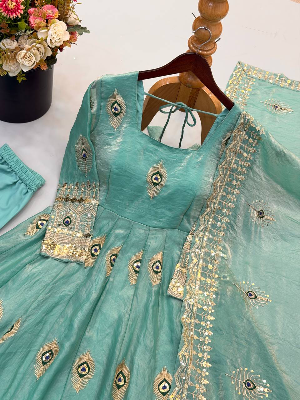 Sea Green Fendy Silk Peacock Embroidered Designer Gown Set with Dupatta