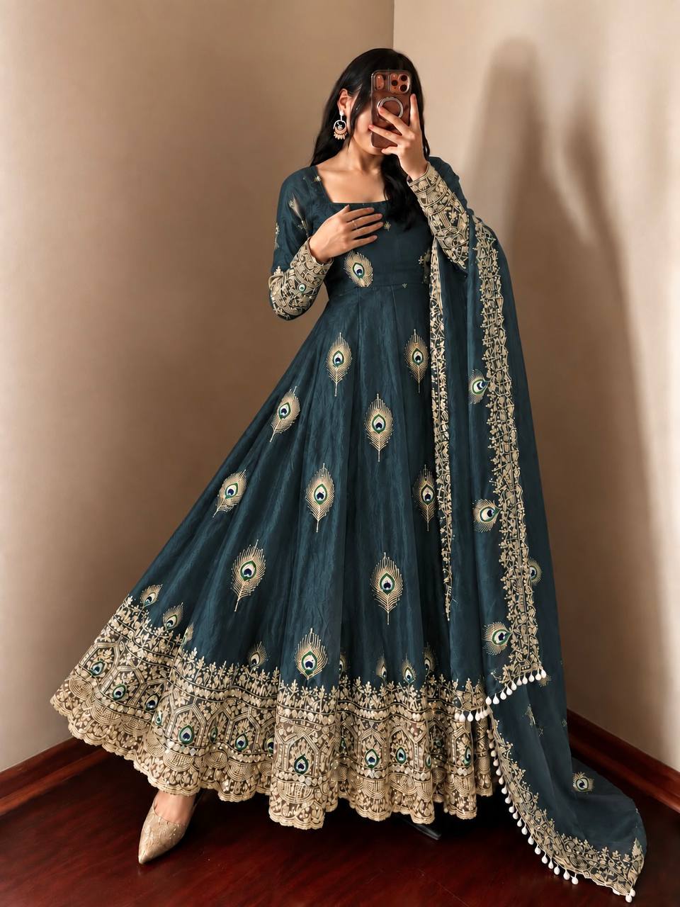 Midnight Teal Fendy Silk Peacock Embroidered Designer Gown Set with Dupatta