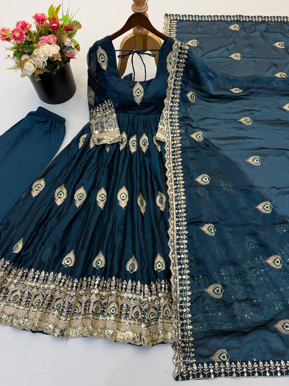 Midnight Teal Fendy Silk Peacock Embroidered Designer Gown Set with Dupatta