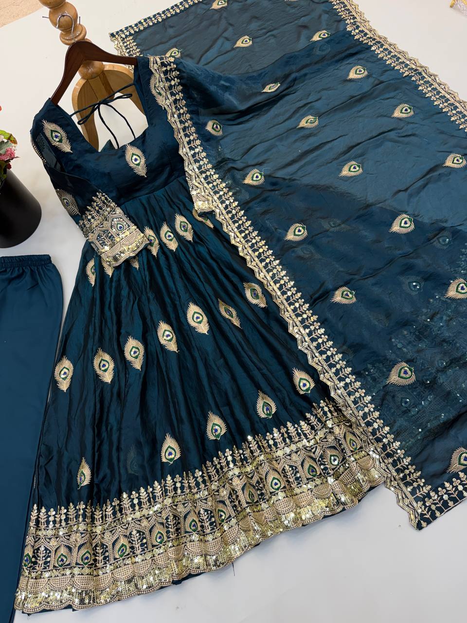 Midnight Teal Fendy Silk Peacock Embroidered Designer Gown Set with Dupatta