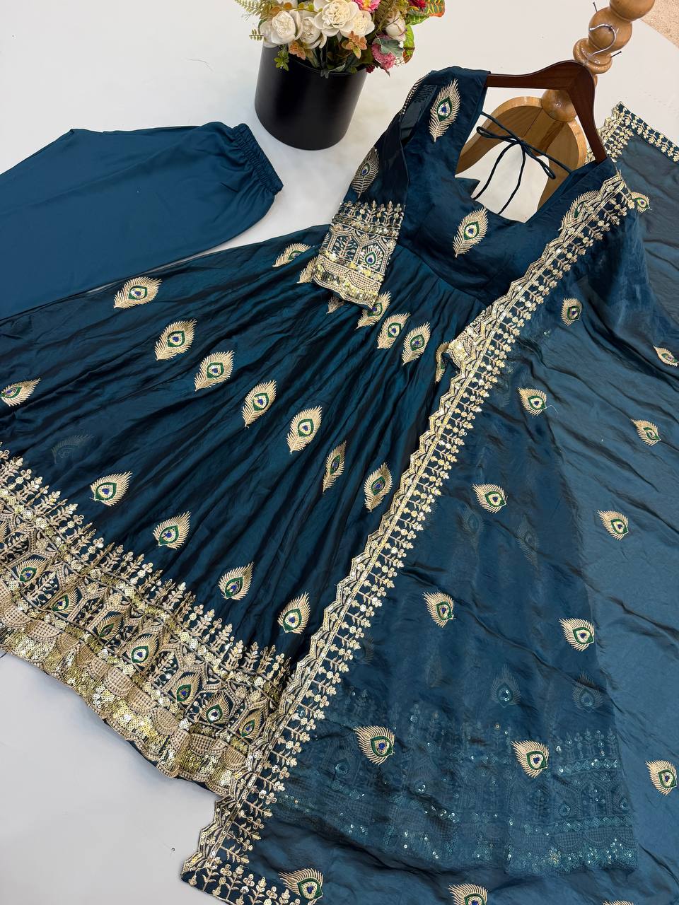 Midnight Teal Fendy Silk Peacock Embroidered Designer Gown Set with Dupatta