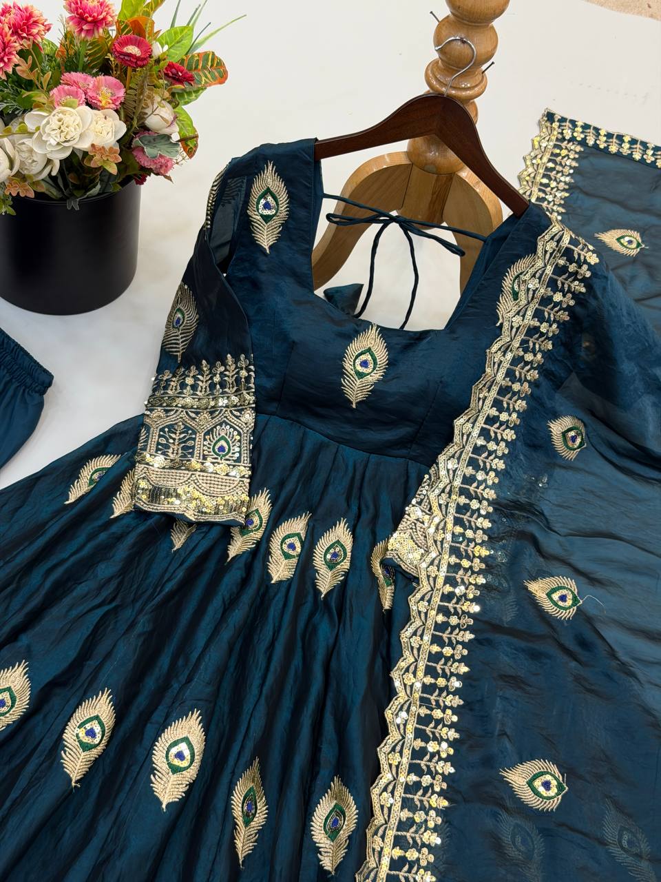 Midnight Teal Fendy Silk Peacock Embroidered Designer Gown Set with Dupatta