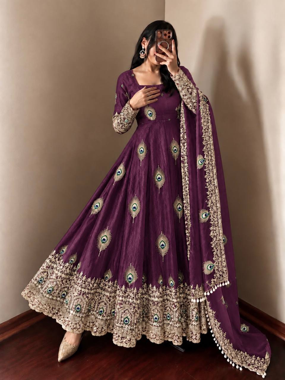 Wine Purple Fendy Silk Peacock Embroidered Designer Gown Set with Dupatta