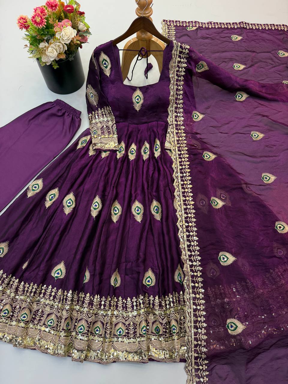 Wine Purple Fendy Silk Peacock Embroidered Designer Gown Set with Dupatta