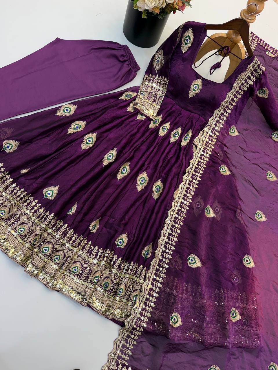 Wine Purple Fendy Silk Peacock Embroidered Designer Gown Set with Dupatta