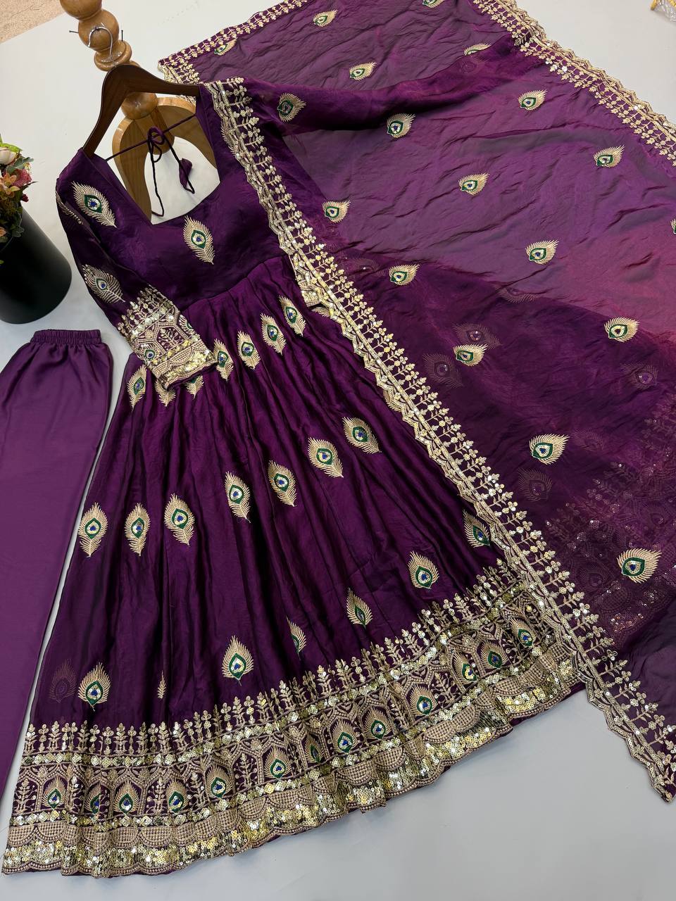 Wine Purple Fendy Silk Peacock Embroidered Designer Gown Set with Dupatta