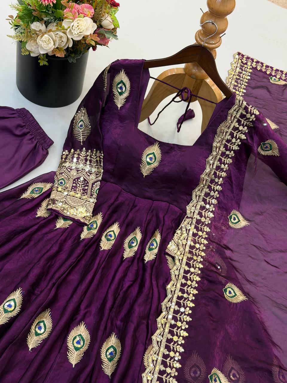 Wine Purple Fendy Silk Peacock Embroidered Designer Gown Set with Dupatta