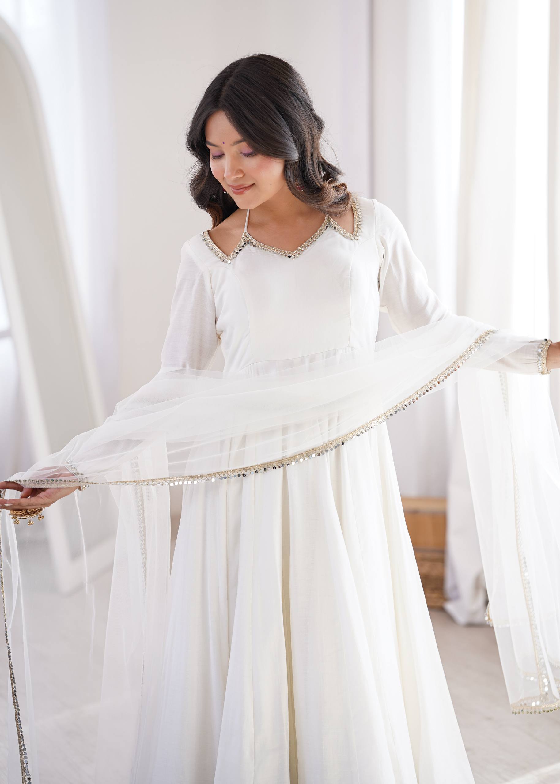 White Designer Anarkali Gown Set | Nardev Fashion