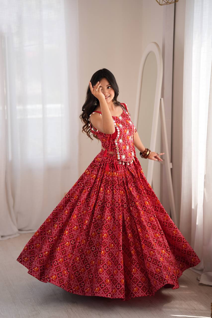 Red Bandhani Digital Print Lehenga Choli With Mirror Work Koti