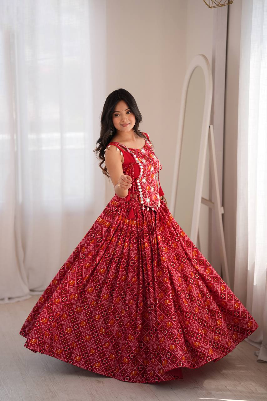 Red Bandhani Digital Print Lehenga Choli With Mirror Work Koti