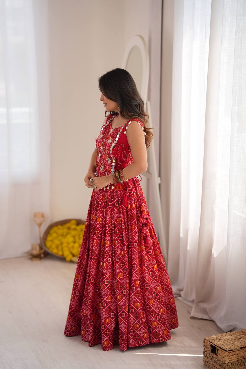 Red Bandhani Digital Print Lehenga Choli With Mirror Work Koti