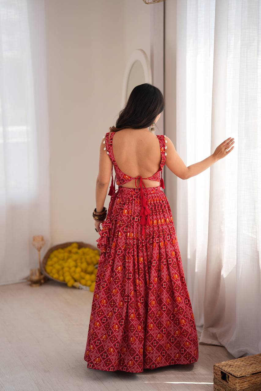 Red Bandhani Digital Print Lehenga Choli With Mirror Work Koti