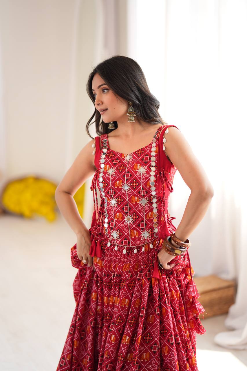 Red Bandhani Digital Print Lehenga Choli With Mirror Work Koti