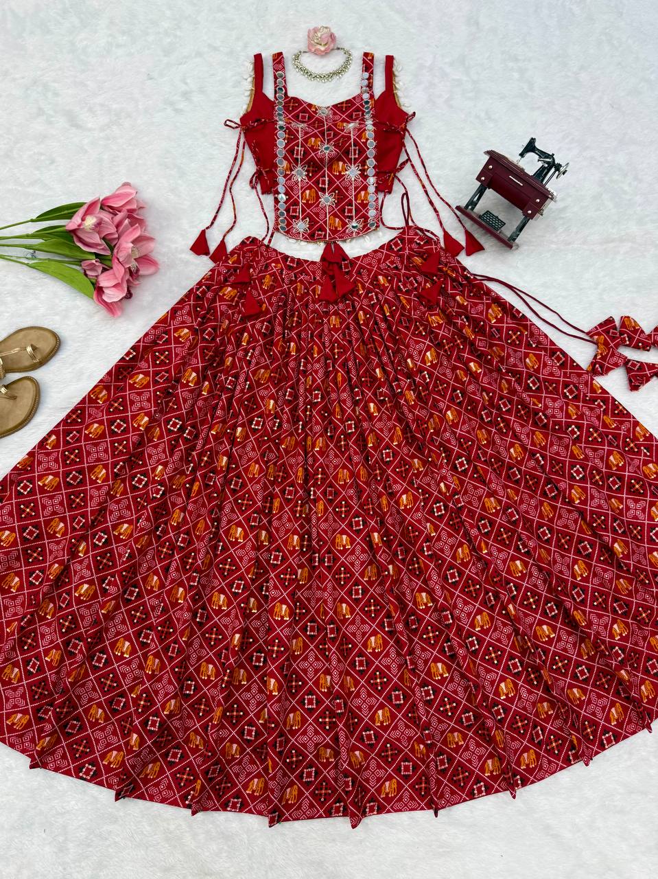 Red Bandhani Digital Print Lehenga Choli With Mirror Work Koti