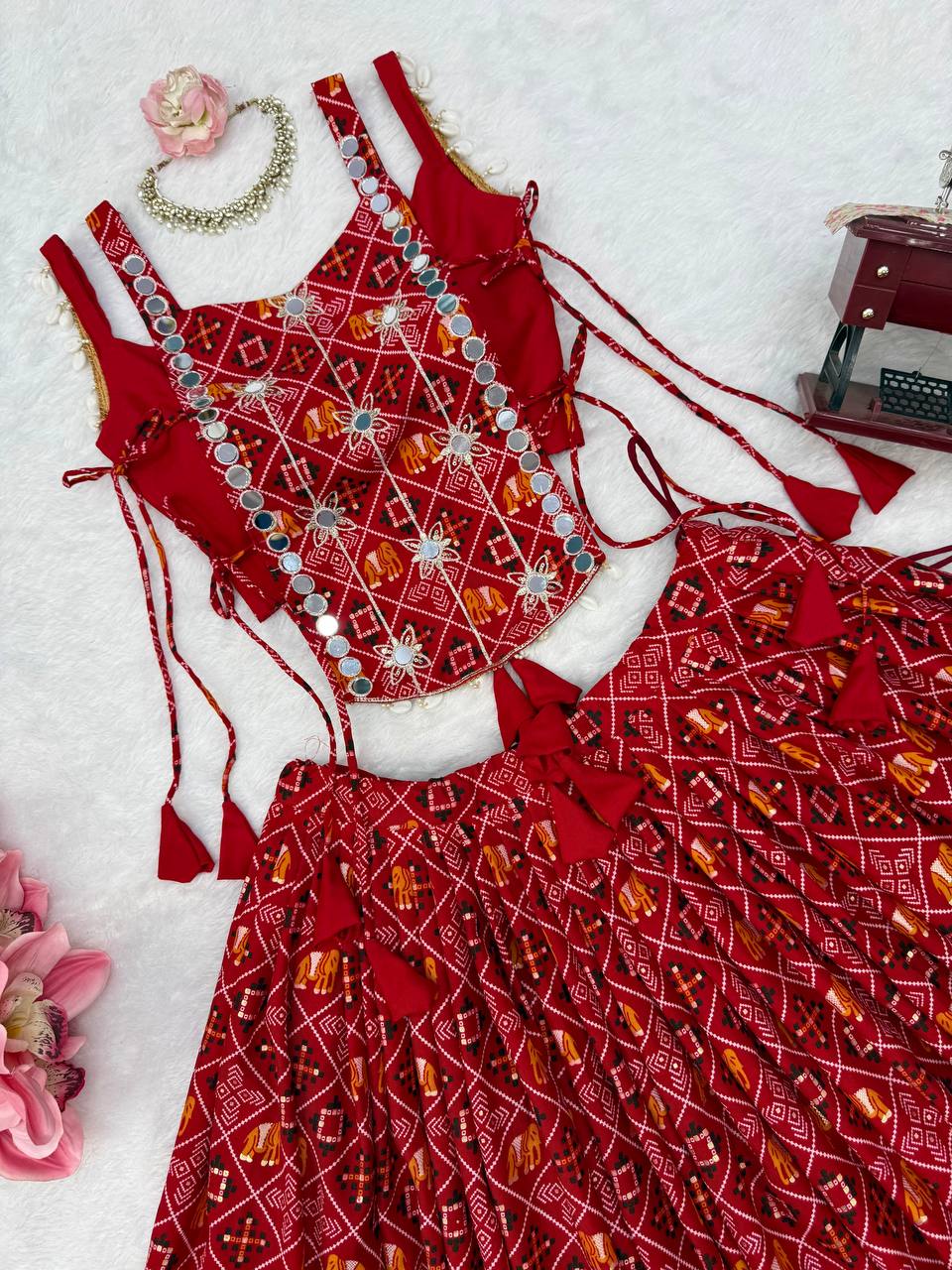 Red Bandhani Digital Print Lehenga Choli With Mirror Work Koti