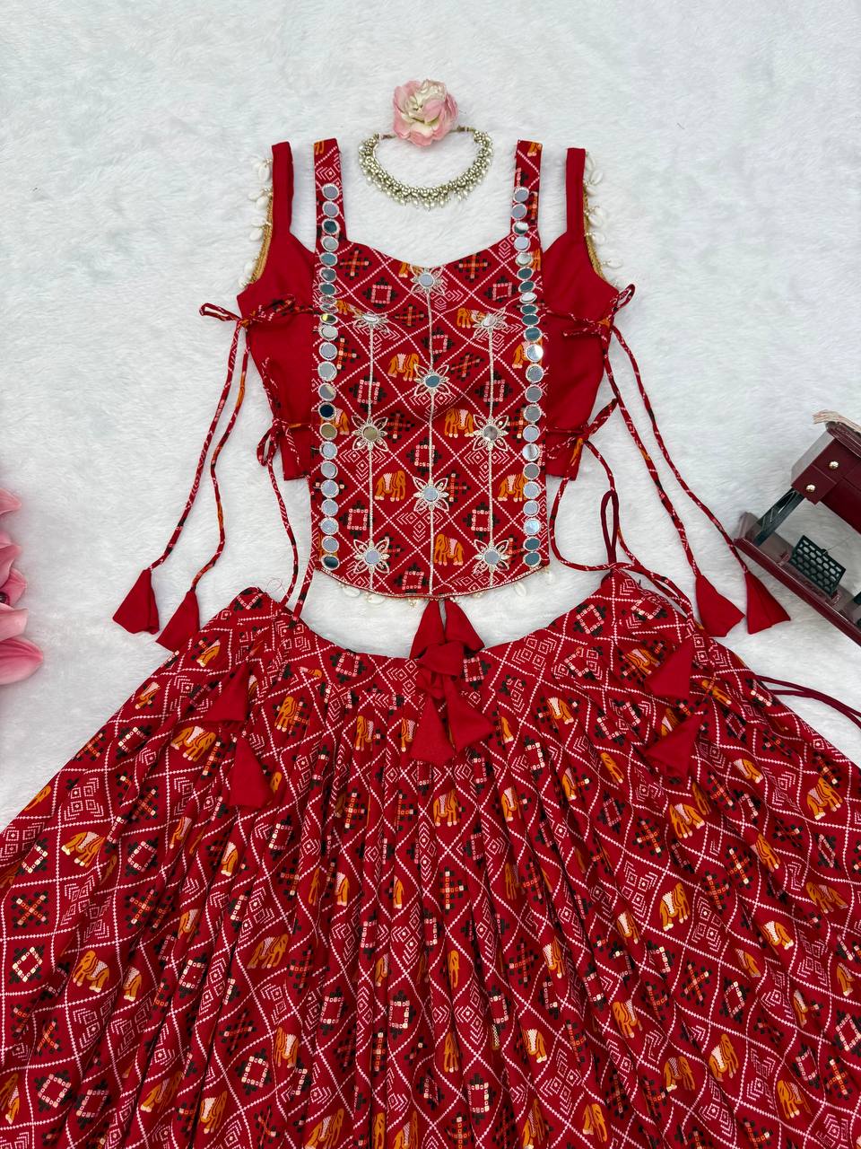 Red Bandhani Digital Print Lehenga Choli With Mirror Work Koti