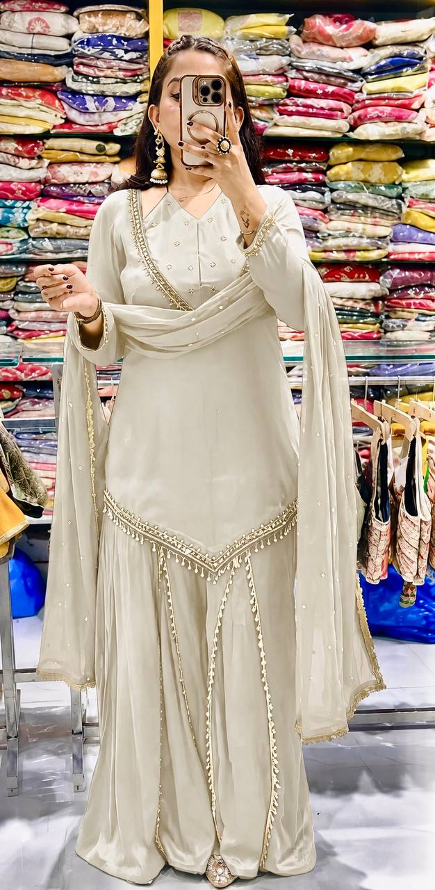 Ivory White Roman Glass Mirror Work Palazzo Suit Set With Chanderi Dupatta