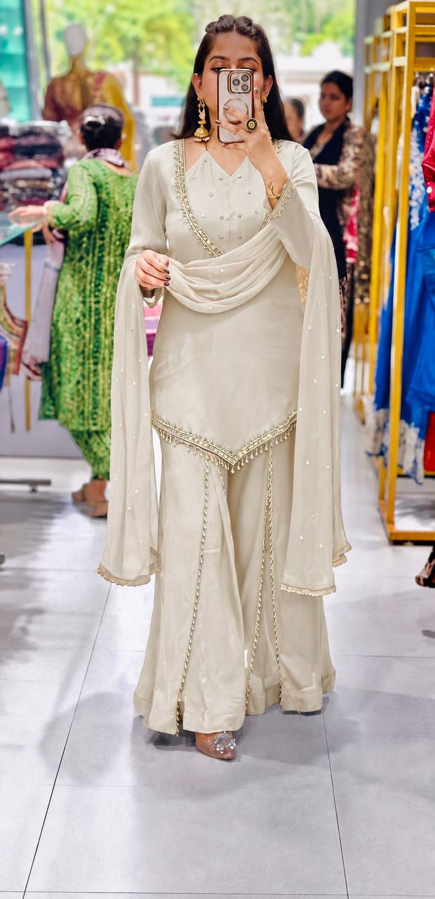 Ivory White Roman Glass Mirror Work Palazzo Suit Set With Chanderi Dupatta