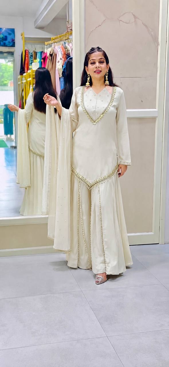 Ivory White Roman Glass Mirror Work Palazzo Suit Set With Chanderi Dupatta
