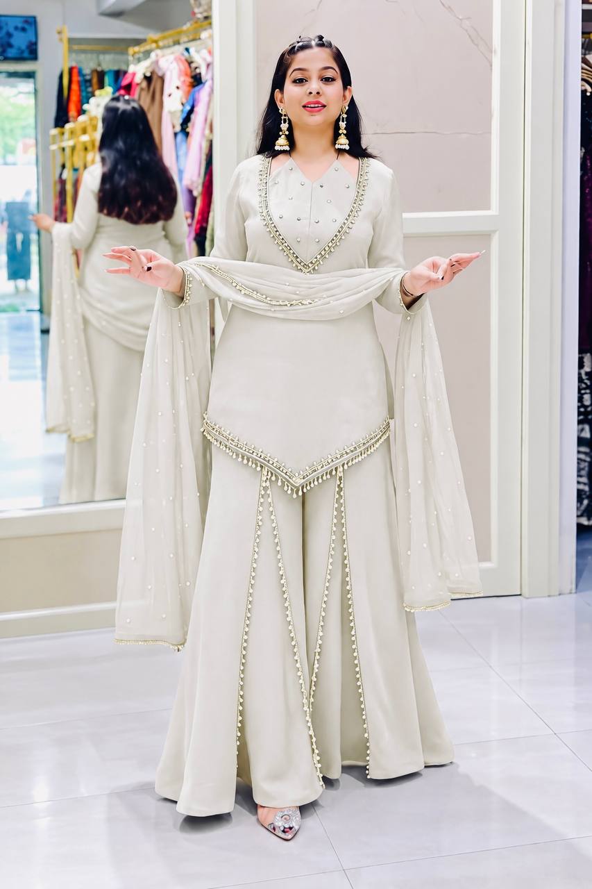 Ivory White Roman Glass Mirror Work Palazzo Suit Set With Chanderi Dupatta