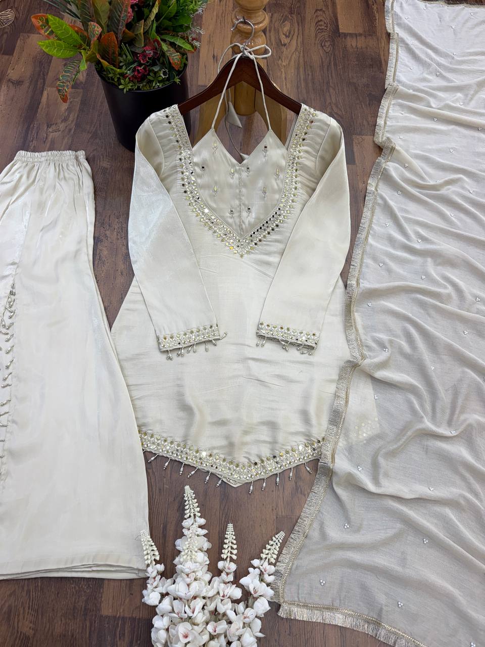 Ivory White Roman Glass Mirror Work Palazzo Suit Set With Chanderi Dupatta