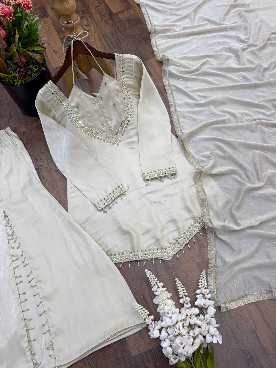Ivory White Roman Glass Mirror Work Palazzo Suit Set With Chanderi Dupatta
