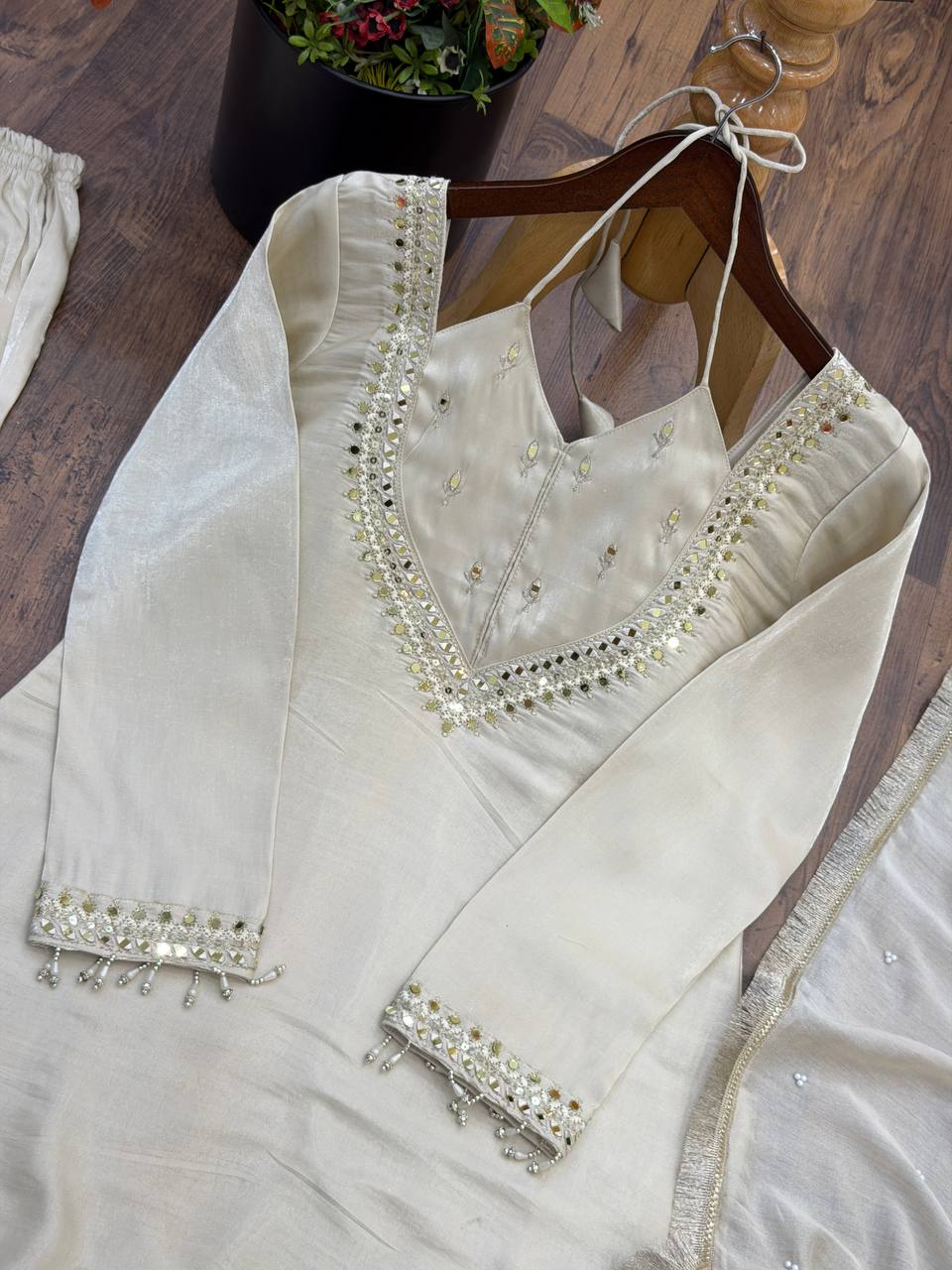 Ivory White Roman Glass Mirror Work Palazzo Suit Set With Chanderi Dupatta