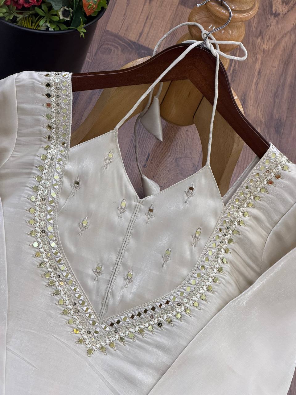 Ivory White Roman Glass Mirror Work Palazzo Suit Set With Chanderi Dupatta