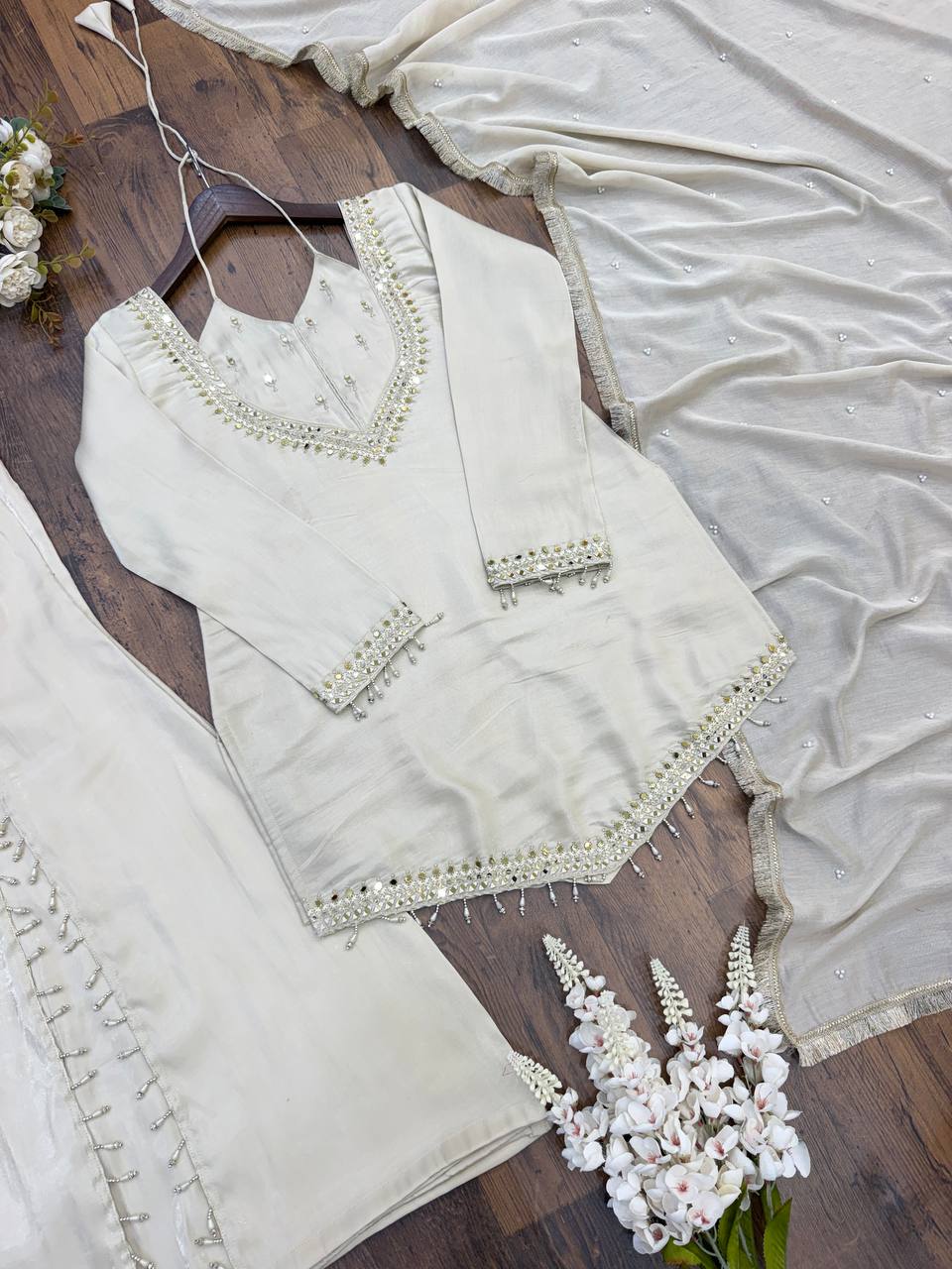 Ivory White Roman Glass Mirror Work Palazzo Suit Set With Chanderi Dupatta
