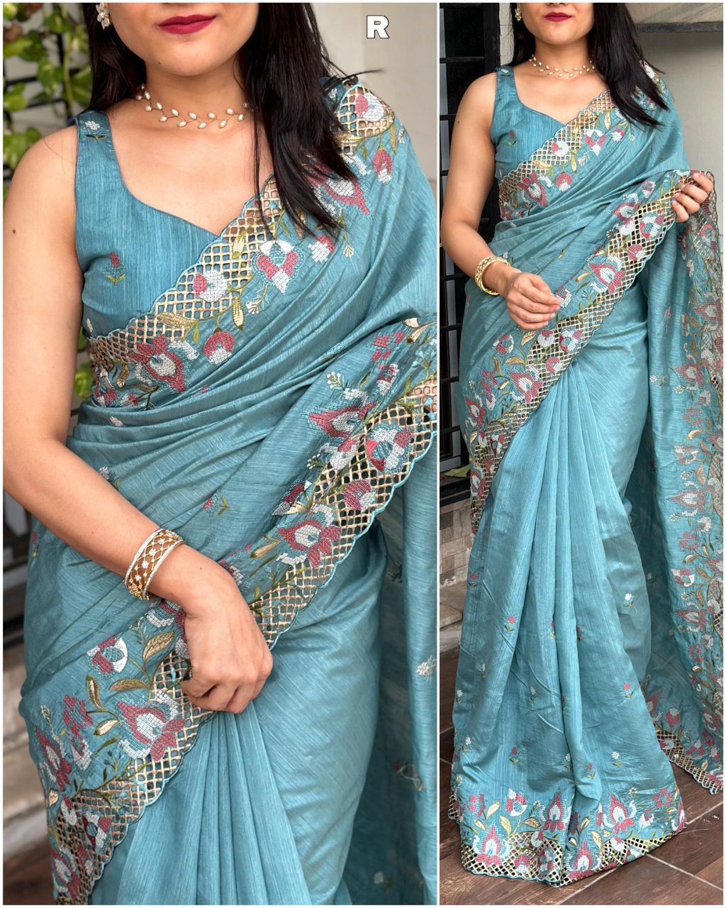 Sky Blue Visca Slub Silk Saree with Floral Cutwork Embroidery & Matching Blouse