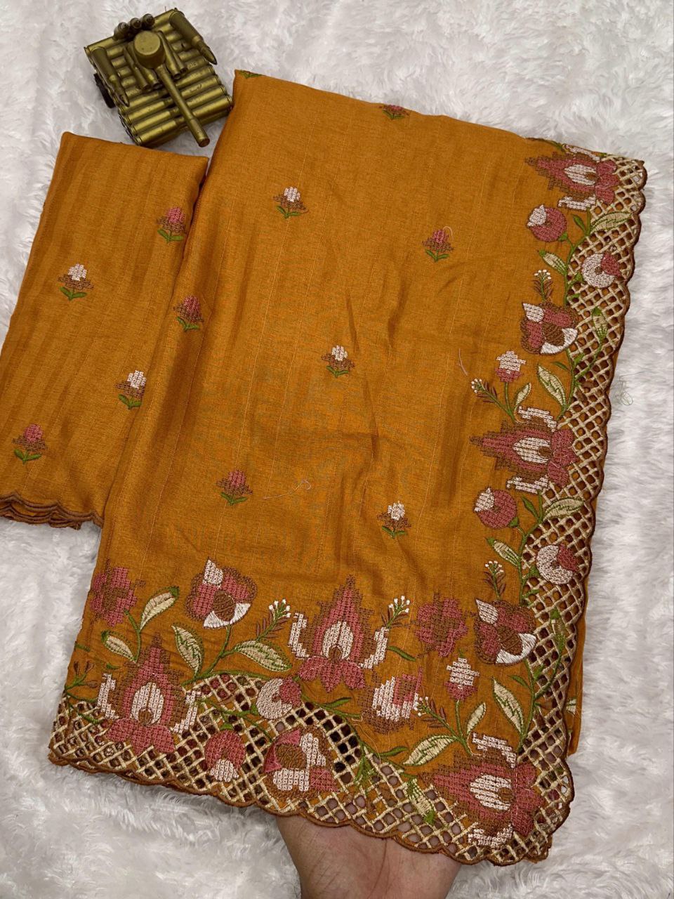 Mustard Brown Visca Slub Silk Saree with Floral Cutwork Embroidery & Matching Blouse