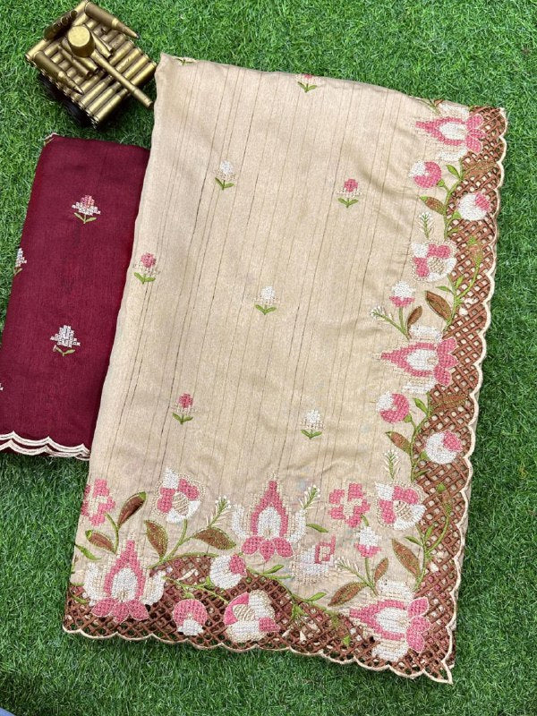 Beige Golden Visca Slub Silk Saree with Floral Cutwork Embroidery & Maroon Blouse