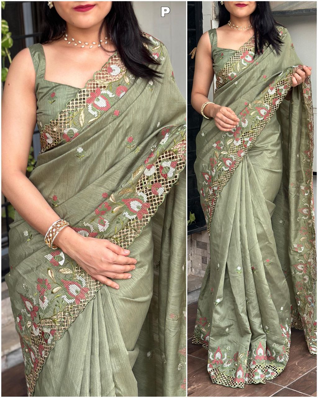 Sage Green Visca Slub Silk Saree with Floral Cutwork Embroidery & Matching Blouse