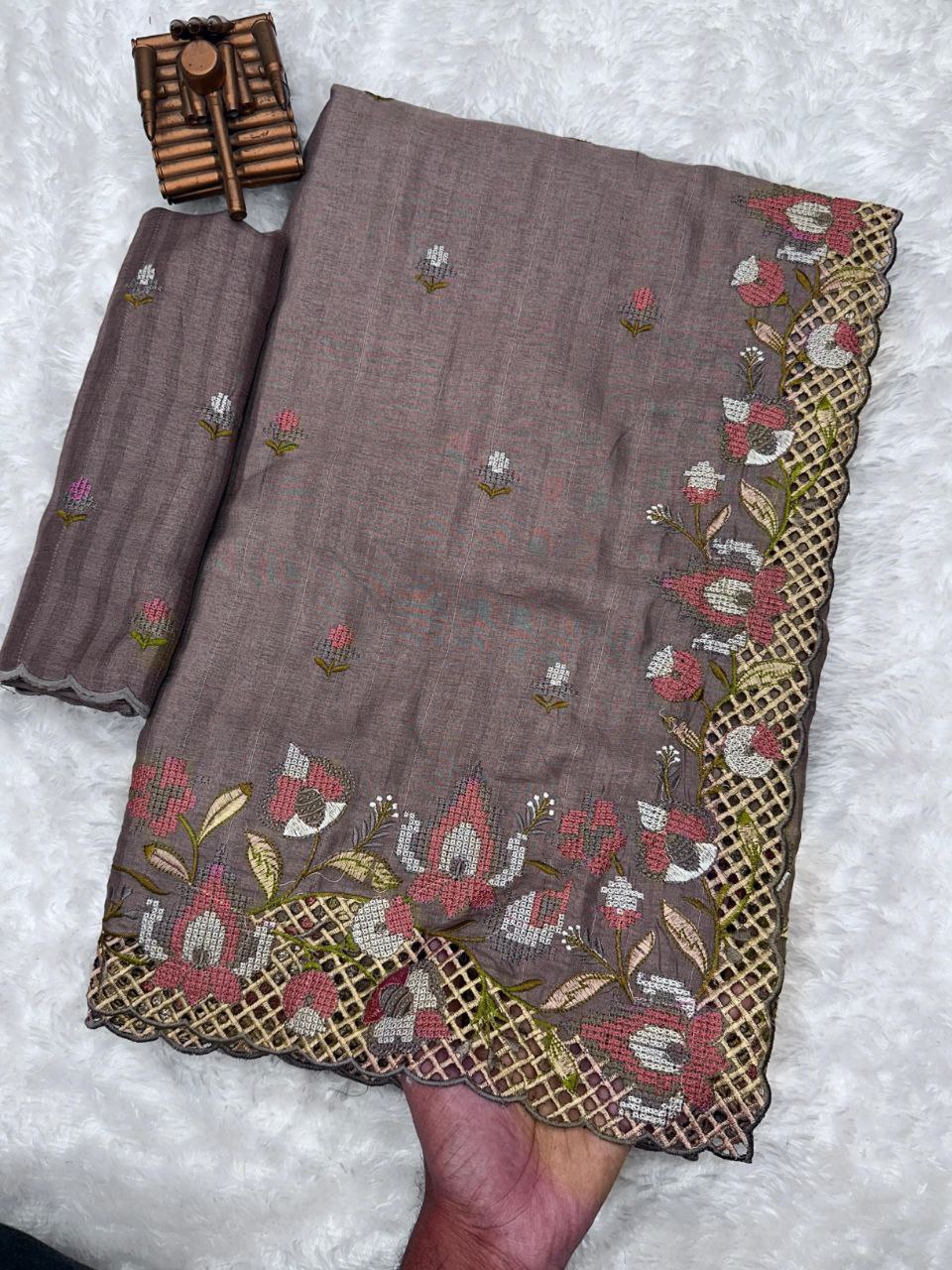 Greyish Mauve Visca Slub Silk Saree with Floral Cutwork Embroidery & Matching Blouse