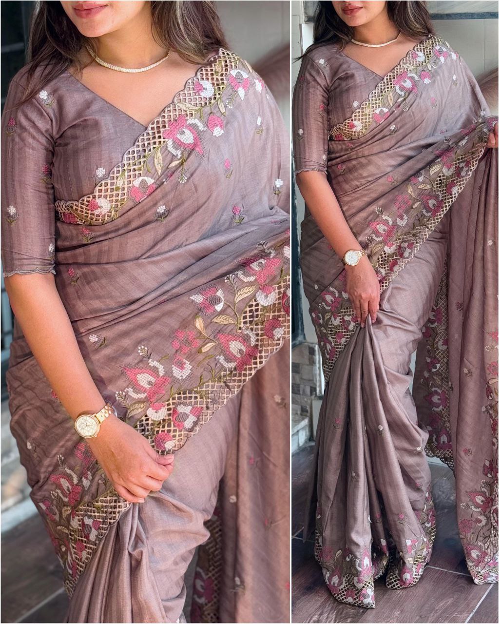 Greyish Mauve Visca Slub Silk Saree with Floral Cutwork Embroidery & Matching Blouse