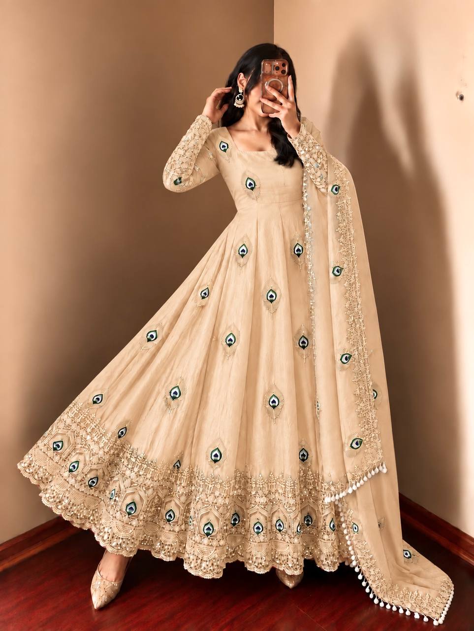 Champagne Fendy Silk Peacock Embroidered Designer Gown Set with Dupatta