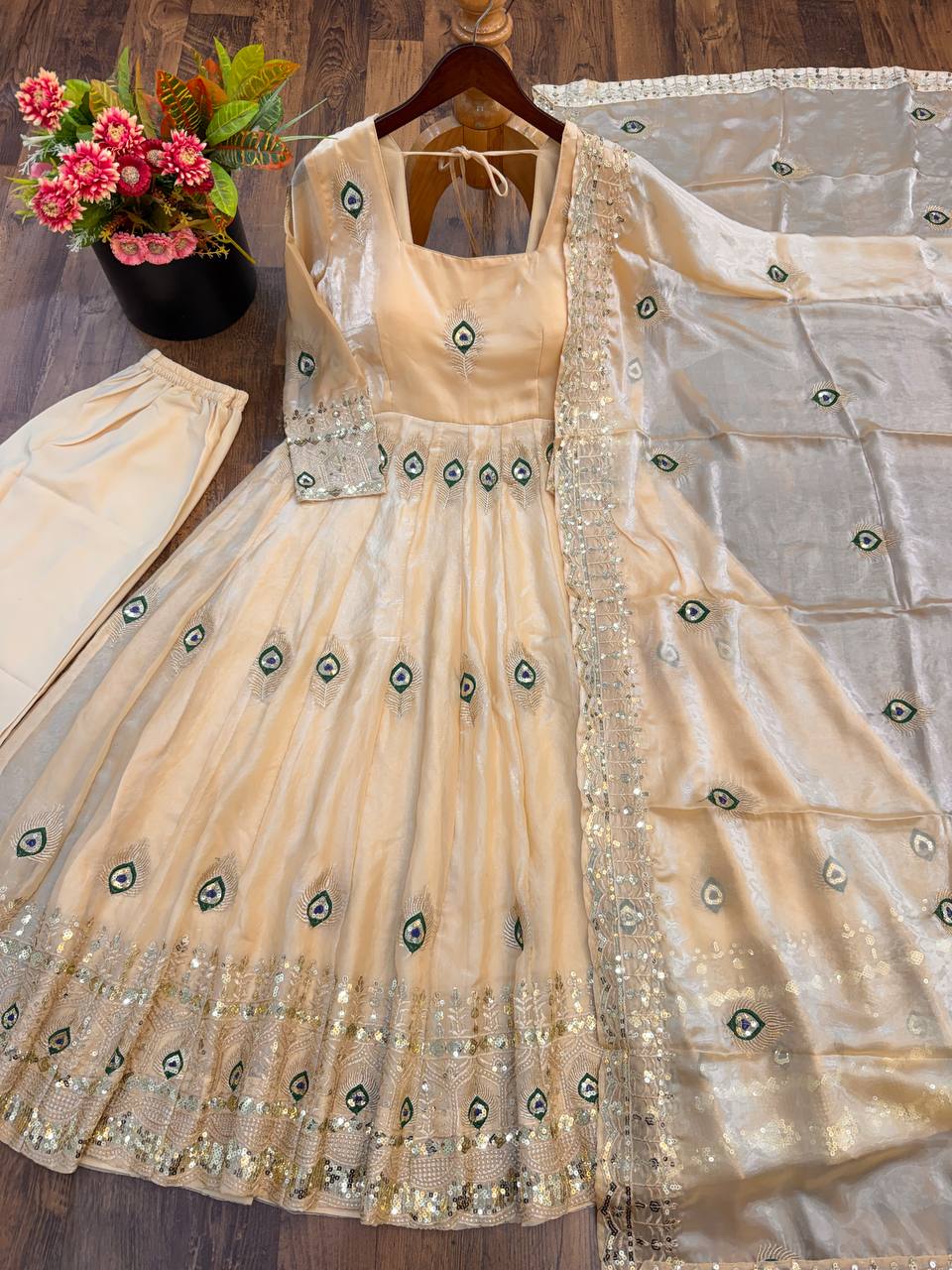 Champagne Fendy Silk Peacock Embroidered Designer Gown Set with Dupatta