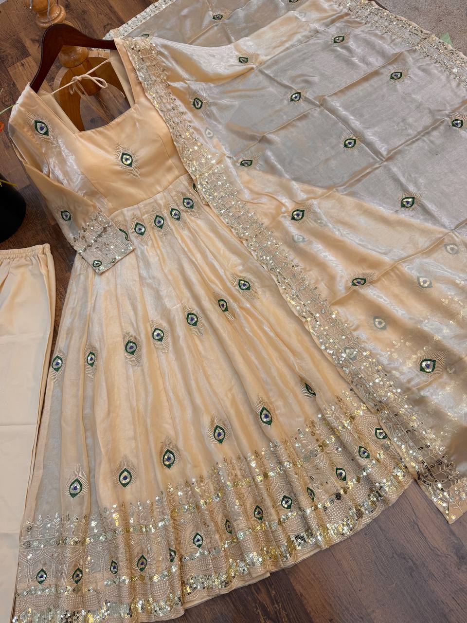 Champagne Fendy Silk Peacock Embroidered Designer Gown Set with Dupatta