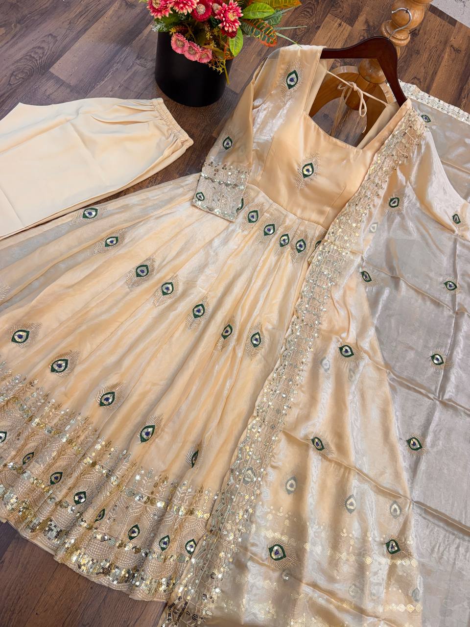 Champagne Fendy Silk Peacock Embroidered Designer Gown Set with Dupatta