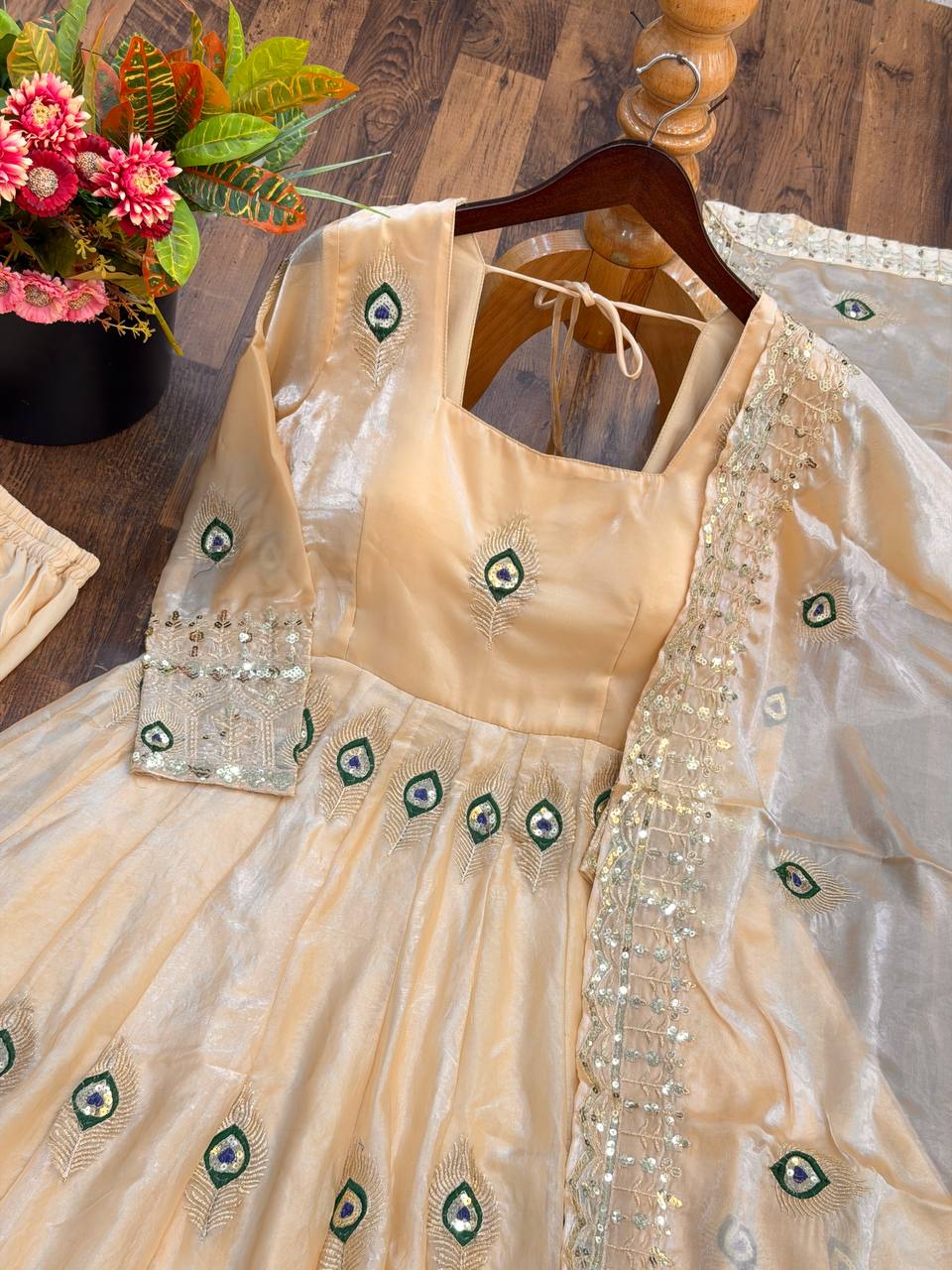 Champagne Fendy Silk Peacock Embroidered Designer Gown Set with Dupatta
