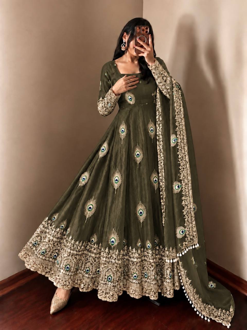 Olive Green Fendy Silk Peacock Embroidered Designer Gown Set with Dupatta
