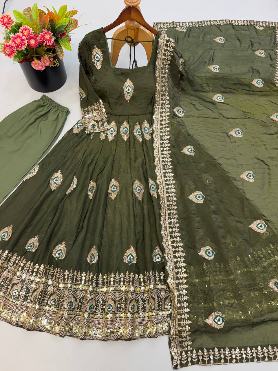 Olive Green Fendy Silk Peacock Embroidered Designer Gown Set with Dupatta