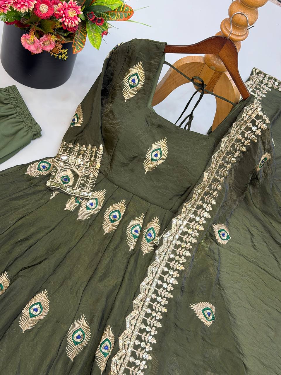Olive Green Fendy Silk Peacock Embroidered Designer Gown Set with Dupatta