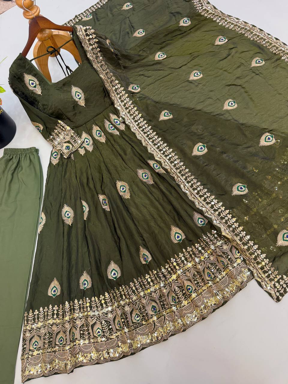 Olive Green Fendy Silk Peacock Embroidered Designer Gown Set with Dupatta