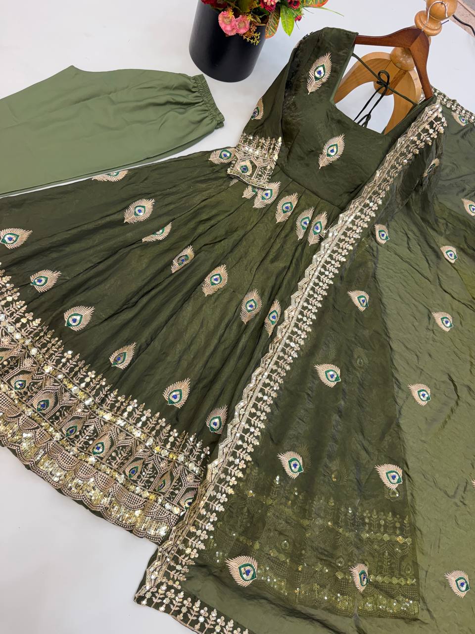 Olive Green Fendy Silk Peacock Embroidered Designer Gown Set with Dupatta