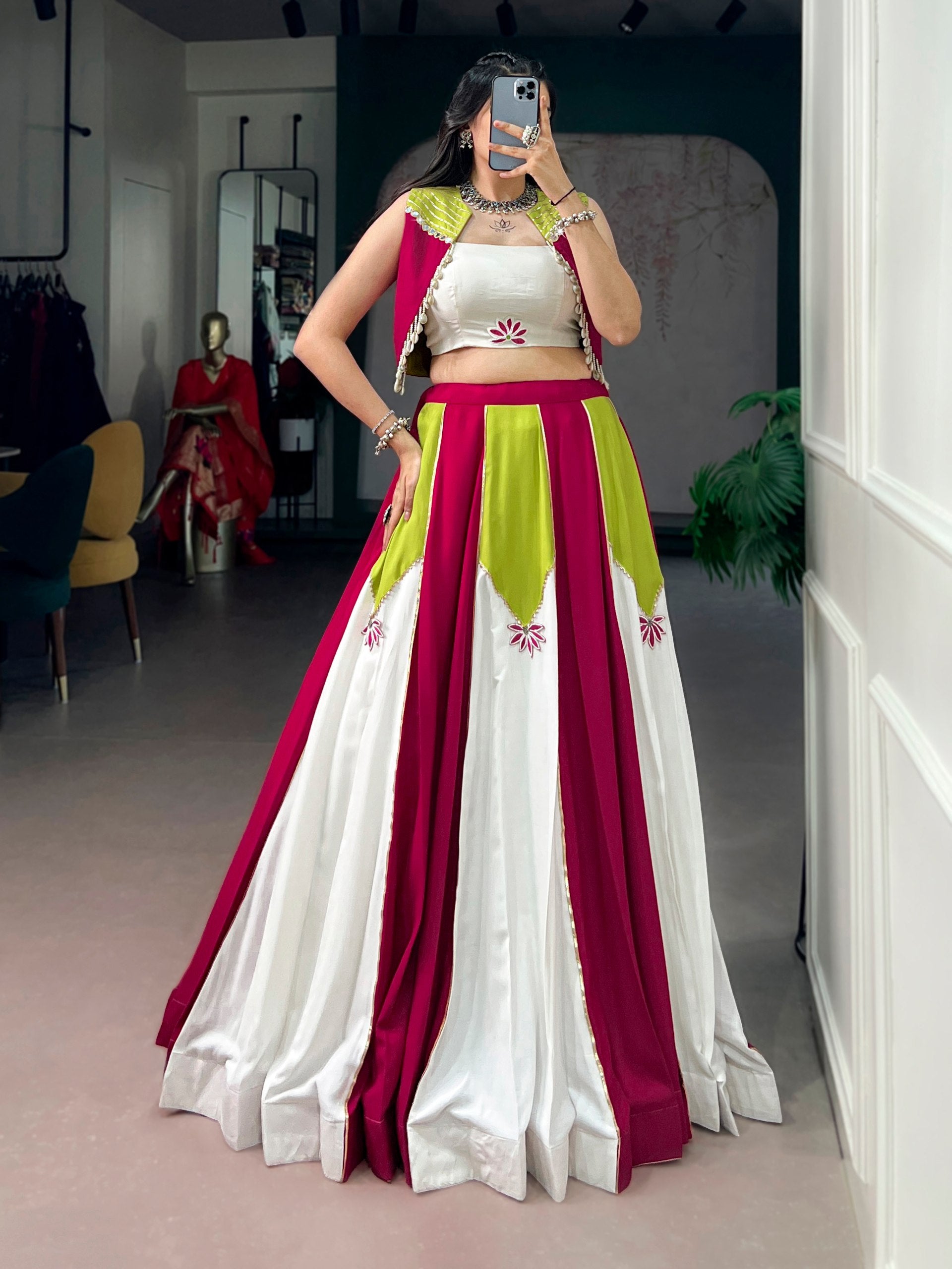 Magenta, Lime Green & Ivory Contrast Panel Navratri Lehenga Choli with Koti | Gota Patti Collection 2026